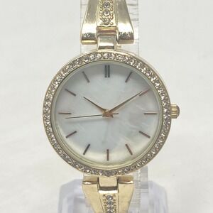 Bling Watch Women 31mm Gold Tone MOP Dial Classic Crystals New Battery 6.75"